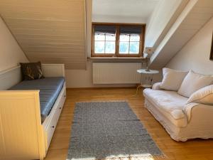 a attic room with a couch and a window at Annahof in Argenbühl