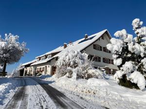 a building covered in snow on a snowy street at Annahof in Argenbühl