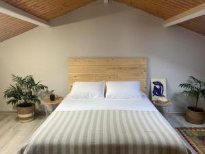 1 dormitorio con 1 cama grande y 2 almohadas en Atico de madera Apartamento en Rinlo, RIBADEO, en Ribadeo