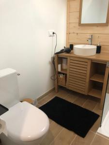 a bathroom with a white toilet and a sink at La Cabane 14 in Lanton