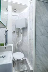 a white bathroom with a toilet and a shower at Paul-Gillet Cosy Studio 2P in Asnières-sur-Seine