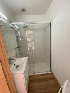 y baño con ducha acristalada y lavamanos. en Appartement avec rez de jardin, Sauna et Hamam, en Villard-de-Lans