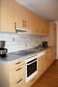 une cuisine avec des placards en bois et un comptoir gris dans l'établissement Stöcklgut Apartment, 