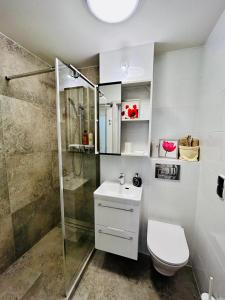 a bathroom with a shower and a toilet and a sink at Skyline Cool Space at Chłodna in Warsaw