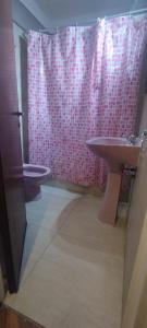 baño con cortina de ducha rosa y lavamanos en Departamento en buenos aires en Buenos Aires