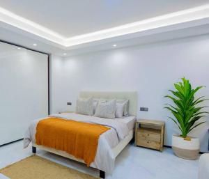 a white bedroom with a bed and a plant at Luxury studio apartment near Kigali Convention Center in Kigali +11 photos
