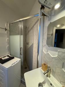a bathroom with a sink and a shower with a mirror at Cosy appartement lumineux in Arcueil