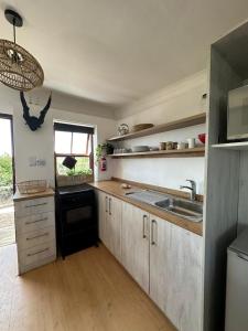 uma cozinha com um lavatório e um fogão forno superior em Ostrich cottage at Les Wings private game farm em Jongensfontein