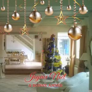 un árbol de Navidad en una sala de estar con luces de Navidad en Eure95KM PARIS JO prés Giverny et Macarthur piscine intérieure chauffee, en Chambray
