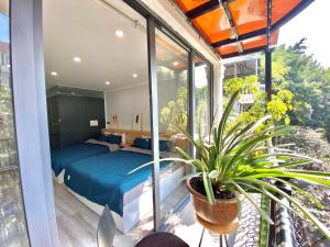 a bedroom with a bed and a potted plant on a balcony at Old town Duplex 3 Double beds & 2 big balcony in Hanoi