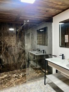 a bathroom with two sinks and a shower at Cabana Huta Slavia in Şinteu