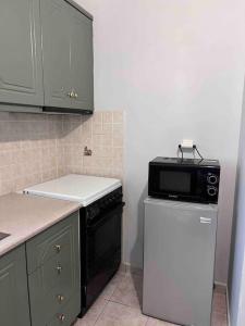 uma cozinha com um micro-ondas preto e um frigorífico em Elena’s apartment em Áyios Vasílios