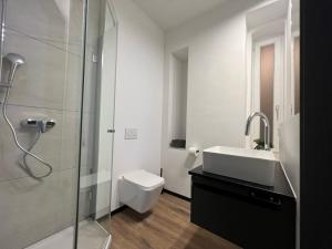 een badkamer met een toilet, een wastafel en een douche bij Hotel Elisei in Neurenberg