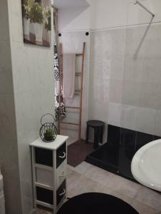 a bathroom with a sink and a shower with a counter at Casa do Adro- Douro in Peso da Régua