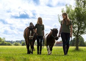 dos chicas caminando dos caballos en un campo en Springerhof, en Schechen