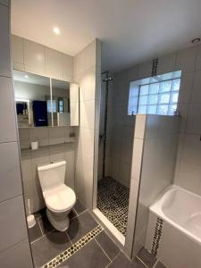 La salle de bains blanche est pourvue d'une douche et de toilettes. dans l'établissement Maison équipée, wifi, TV, jardin, à Saint-Martin-de-Mailloc
