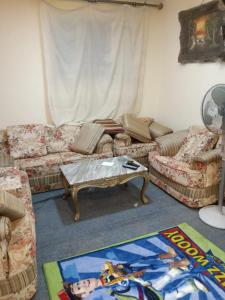 Sala de estar con sofás y mesa de centro en شقه بجوار البحر الهدوء والأمان شاطئ اكسجين, en Alejandría
