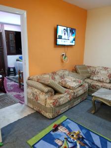 sala de estar con 2 sofás y TV de pantalla plana en شقه بجوار البحر الهدوء والأمان شاطئ اكسجين, en Alejandría