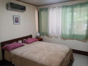 Un dormitorio con una cama con almohadas moradas y una ventana en La Casita, en Dos Brazos