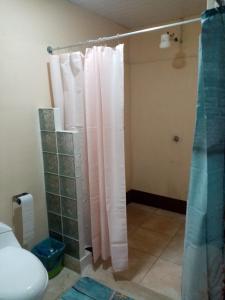 a bathroom with a shower with a white shower curtain at La Casita in Dos Brazos