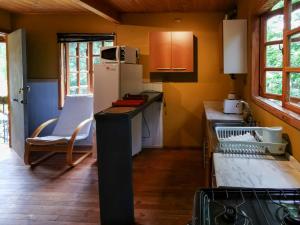 uma cozinha com um balcão e um frigorífico em Cabaña Radal en Coñaripe cerca del lago Calafquén em Coñaripe
