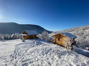 ルムショーリにあるTo Lem Andeの雪の中の木造のキャビン数室