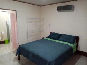 1 dormitorio con 1 cama con sábanas azules y verdes en La Casita en Dos Brazos