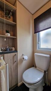 a bathroom with a white toilet and a window at Contemporary home at Tarka Holiday Park Barnstaple in Barnstaple