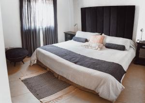 1 dormitorio con 1 cama grande y cabecero negro en DEPARTAMENTO CENTRICO POSADAS en Posadas