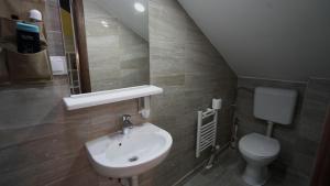 a bathroom with a sink and a toilet and a mirror at Hideaway Rooms & Apartments Sarajevo in Sarajevo
