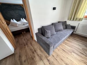 ein Wohnzimmer mit einem Sofa und einem Bett in der Unterkunft Apartment Steinbock in Samnaun