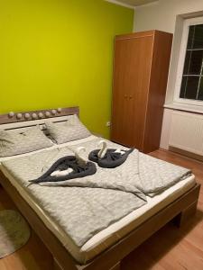 ein Schlafzimmer mit einem Bett mit einer grünen Wand in der Unterkunft Apartmán Gaidi in Zlín