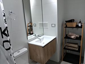 een badkamer met een wastafel en een spiegel bij Departamento central con estacionamiento in Temuco