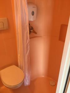 a small bathroom with a toilet and a shower at Premiere Classe Angoulême La Couronne in La Couronne