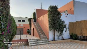 villa agadir في أغادير: درج يؤدي لمبنى فيه شجرتين