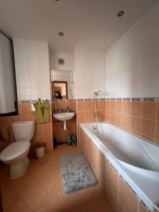 a bathroom with a tub and a toilet and a sink at Krásny apartmám CENTRUM in Martin