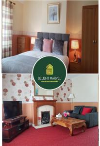 Habitación de hotel con cama y chimenea en Delight Marvel-Derby House at Maidstone, en Maidstone