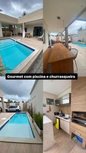 uma colagem de três fotos de uma piscina em Guaibim House- Sua casa de praia em Guaibim