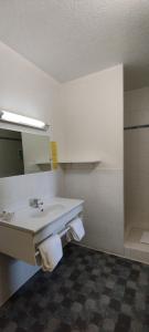 a bathroom with a sink and a shower at Hotel Du Rocher in Le Caylar