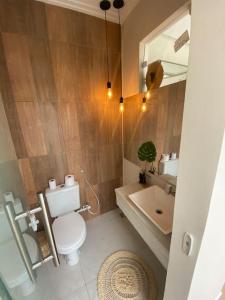 ein Badezimmer mit einem WC, einem Waschbecken und einem Spiegel in der Unterkunft Guaibim House- Sua casa de praia in Guaibim