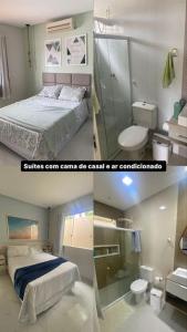 2 fotos de un dormitorio con cama y baño en Guaibim House- Sua casa de praia en Guaibim