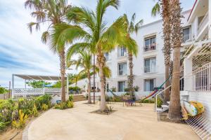 een hangmat op de binnenplaats van een hotel met palmbomen bij MariaMar Suites in San José del Cabo