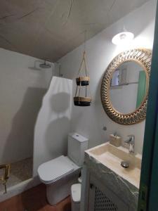a bathroom with a toilet and a mirror at TRADITIONAL STUDIO Chora Patmos in Patmos +104 photos