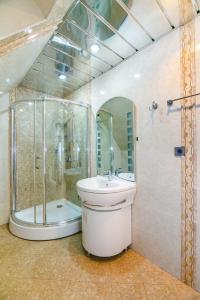 La salle de bains est pourvue de toilettes, d'une douche et d'un lavabo. dans l'établissement VIP Apartment PARMALAT, à Baku