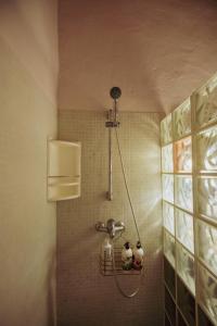 eine Dusche in der Ecke eines Badezimmers in der Unterkunft Beautiful Olive's cave house in Lomo de Arico