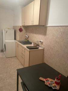 a small kitchen with a sink and a refrigerator at Apartman Vuković in Novi Beograd