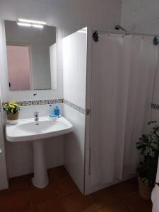 a bathroom with a sink and a shower with a mirror at Cala Salions Balandro II Tossa de mar in Cañet de Mar