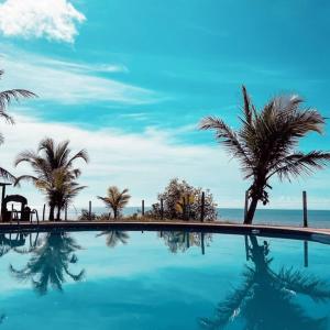 einen Pool mit Palmen und dem Meer in der Unterkunft HOTEL PRAIA DA PAIXÃO in Prado