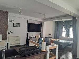 een woonkamer met een kamer met een bank en een tv bij Gnezdo Studio Apart in Shipka