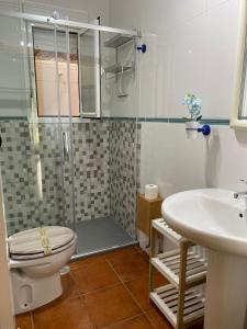 W łazience znajduje się prysznic, toaleta i umywalka. w obiekcie Alquiler Mazagon Pre-Parque Doñana w mieście Mazagón